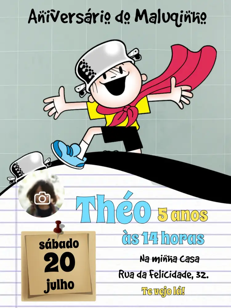 Convite Menino Maluquinho Com Foto Preto – tema Chá de Panela preto e branco, divertido, infantil, minimalista, ilustrações de desenhos animados
