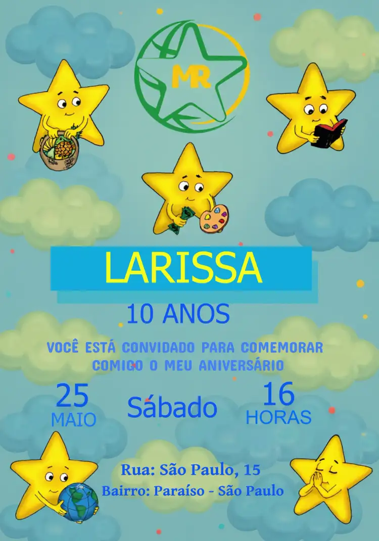 Convite Mensageiras Do Rei Amarelo – tema Aniversário Infantil azul claro, amarelo royal, nuvens, estrelas, cristão, cute