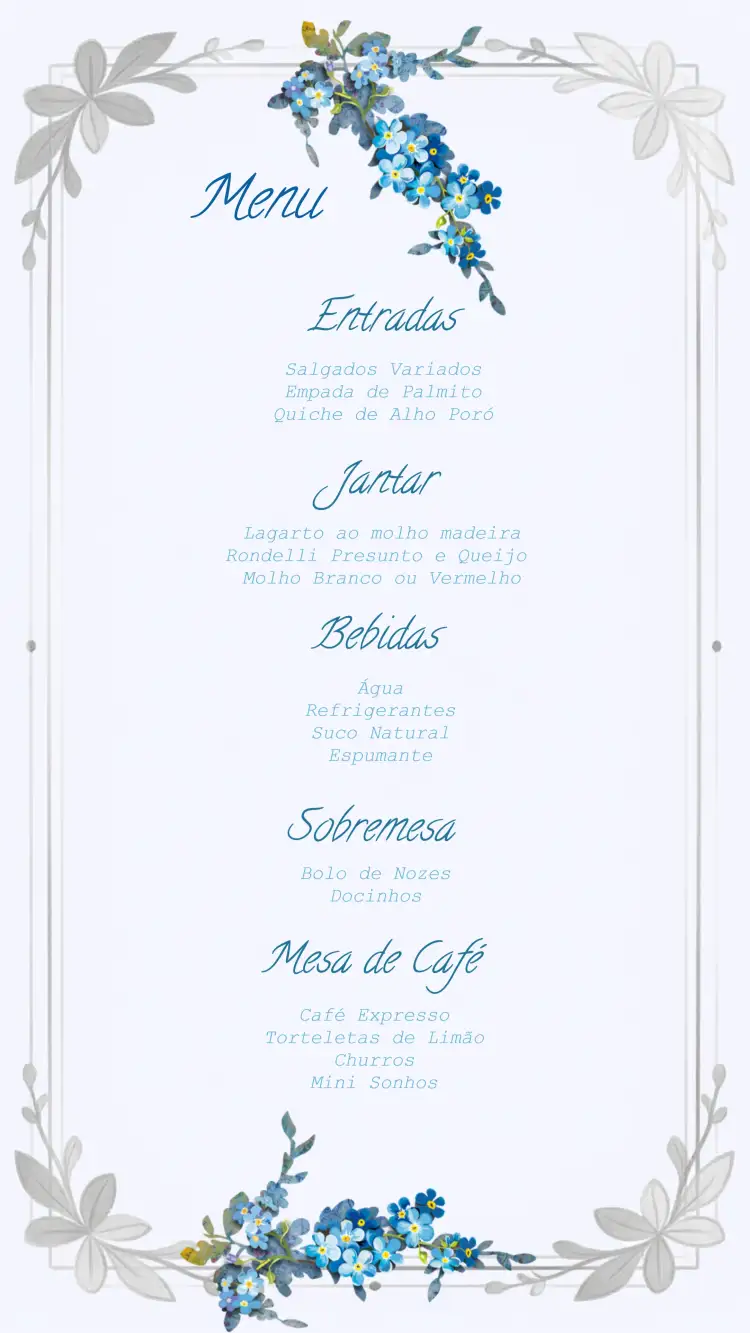 Convite Menu De Casamento Floral Arte – tema Casamento floral, azul tiffany, elegante, romântico, moderno, sutil