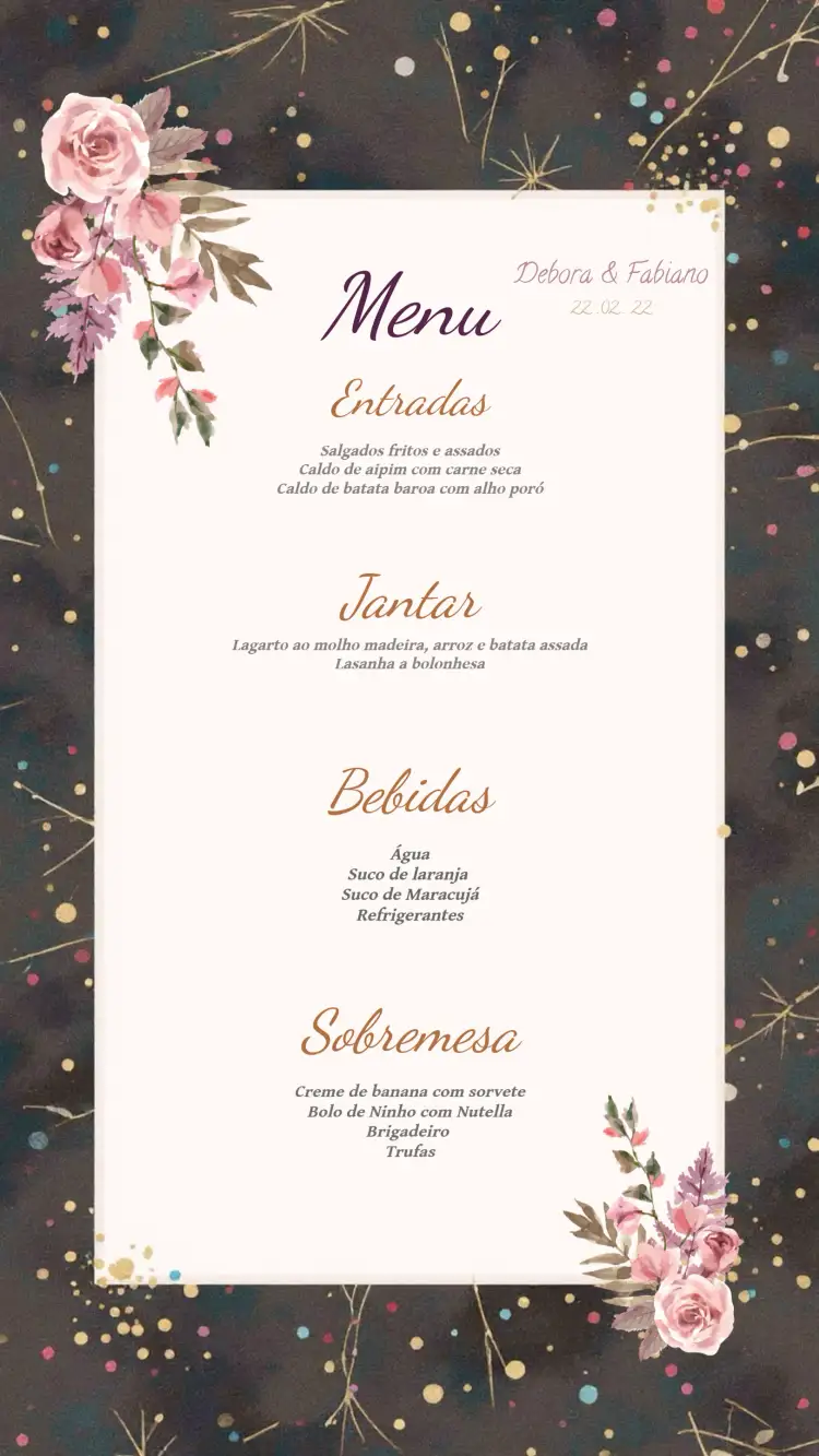 Convite Menu De Casamento Floral Rosa – tema Casamento floral, romântico, elegante, pastel, moderno