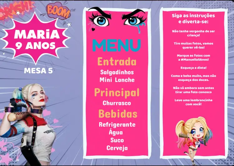 Convite Menu Triângulo Arlequina Cardápio – tema Aniversário Infantil colorido, temático, divertido, moderno, vibrante