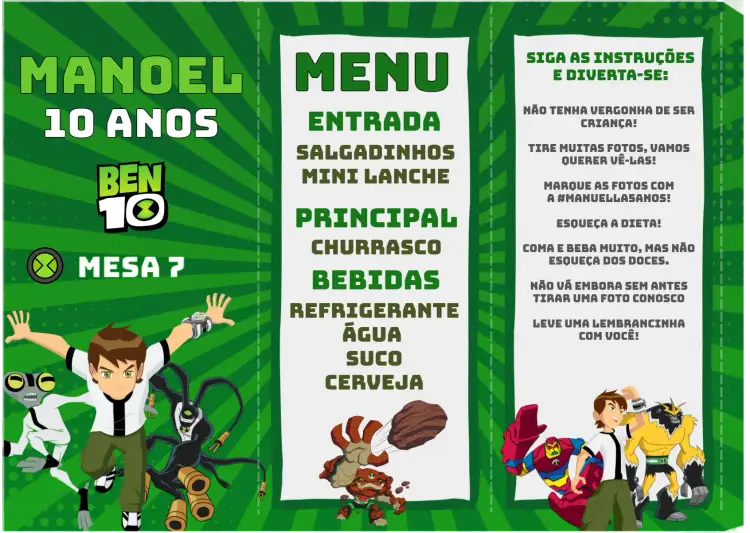 Convite Menu Triângulo Ben 10 Triangulo – tema Aniversário Infantil verde, aventura, divertido, temático, dinâmico