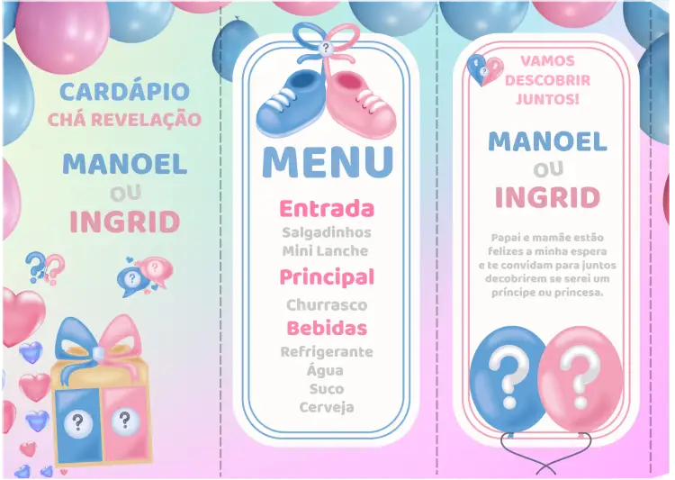 Convite Menu Triângulo Chá Revelação Totem – tema Chá Revelação moderno, triangular, azul e rosa, festivo, minimalista