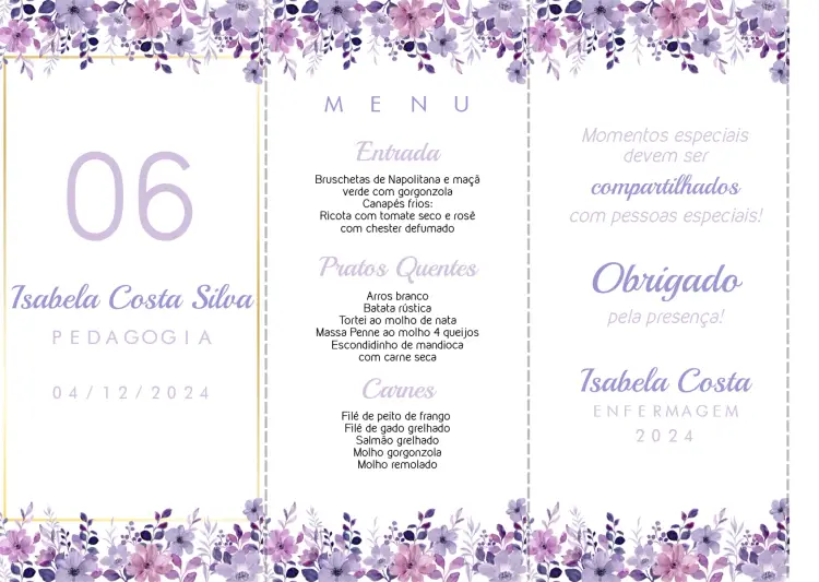 Convite Menu Triângulo Formatura Floral Totem editável e personalizável