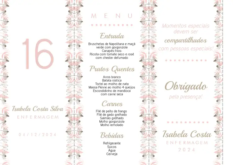 Menu Triângulo Formatura Floral Rosa