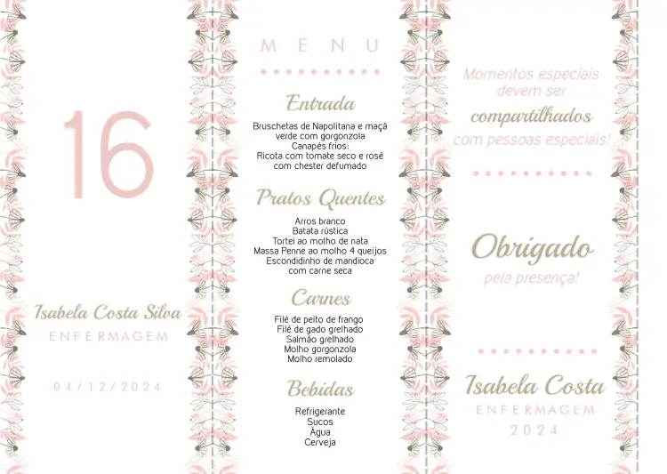 Convite Menu Triângulo Formatura Floral Rosa – tema Formatura floral, moderno, elegante, rosa, triangular, suave