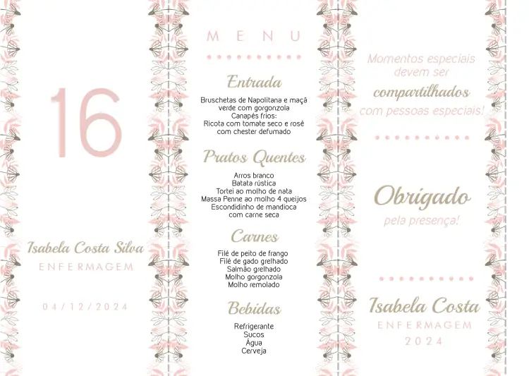 Convite Menu Triângulo Formatura Floral Rosa