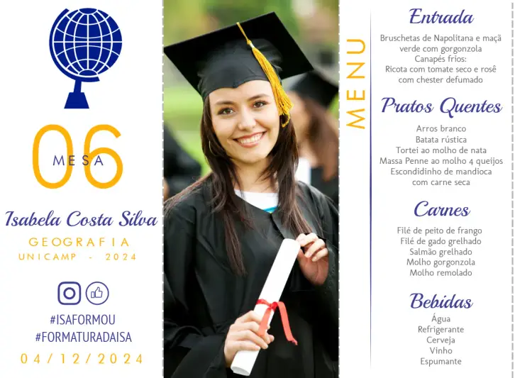 Convite Menu Triângulo Formatura Geografia Com Foto Formando editável e personalizável