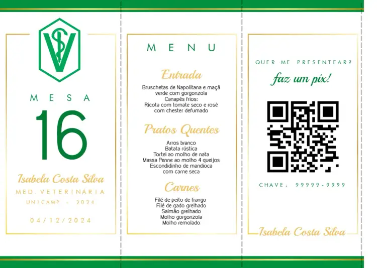 Convite Menu Triângulo Formatura Medicina Veterinária Mesa – tema Formatura moderno, vibrante, elegante, sustentável, divertido, colorido