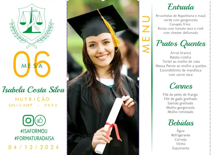 Convite Menu Triângulo Formatura Nutrição Com Foto Faculdade – tema Formatura moderno, elegante, minimalista, colorido, sophisticated