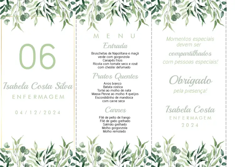 Convite Menu Triângulo Formatura Verde Homem – tema Formatura verde, floral, moderno, elegante, triangular, minimalista