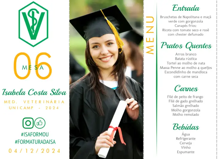 Convite Menu Triângulo Formatura Veterinária Com Foto Mesa editável e personalizável