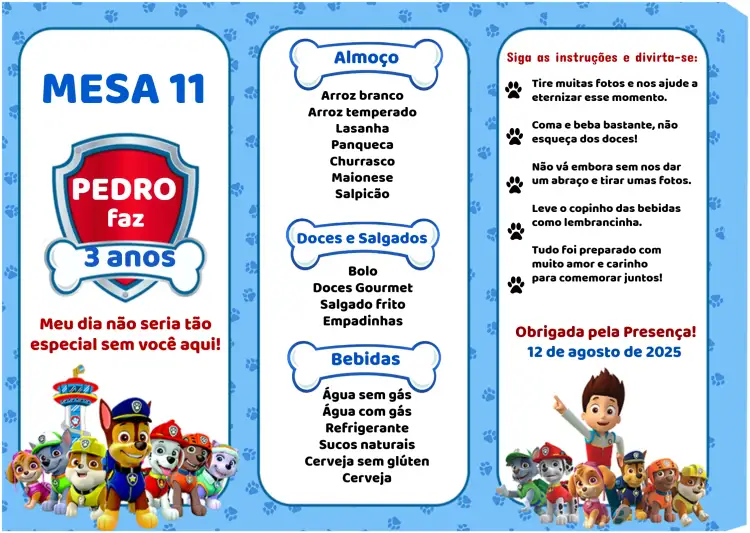 Convite Menu Triângulo Patrulha Canina – tema Aniversário Infantil colorido, moderno, divertido, infantil, temático