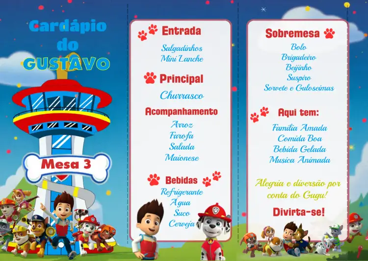 Convite Menu Triângulo Patrulha Canina Chase – tema Aniversário Infantil colorido, infantil, temático, alegre, divertido