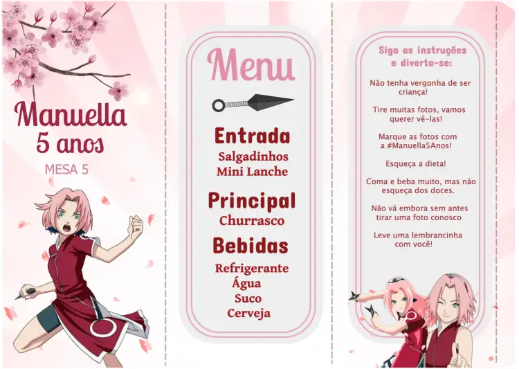 Convite Menu Triângulo Sakura Naruto Rosa – tema Aniversário Infantil ninja, sakura, rosa, colorido, divertido, infantil