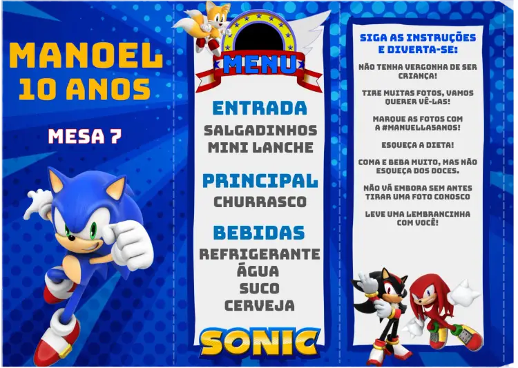Convite Menu Triângulo Sonic Ouriço