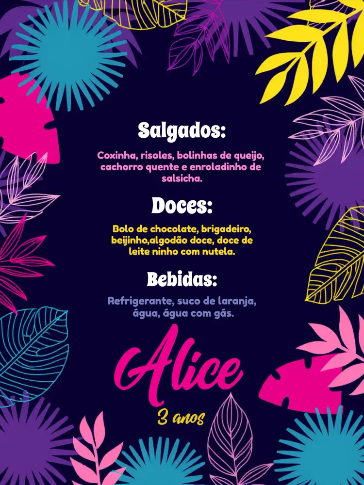 Convite Menu Tropical Farofa – tema Chá de Panela tropical, floral, neon, colorido, festivo, descontraído