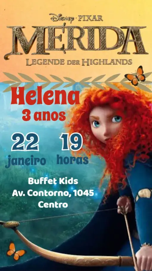 Convite Merida – tema Aniversário Infantil aquarela, aventura, colorido, fantasia, ilustrações infantis, místico