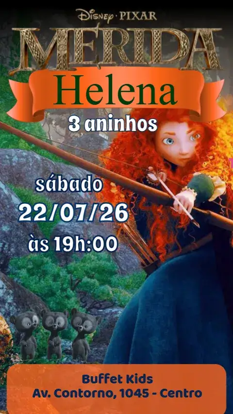 Convite Merida – tema Aniversário Infantil princesa, natureza, aventura, colorido, fantasia, mágico