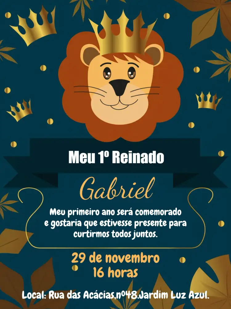 Convite Meu Primeiro Reinado Leão Ano – tema Datas Comemorativas azul petróleo, dourado, realeza, leão, moderno