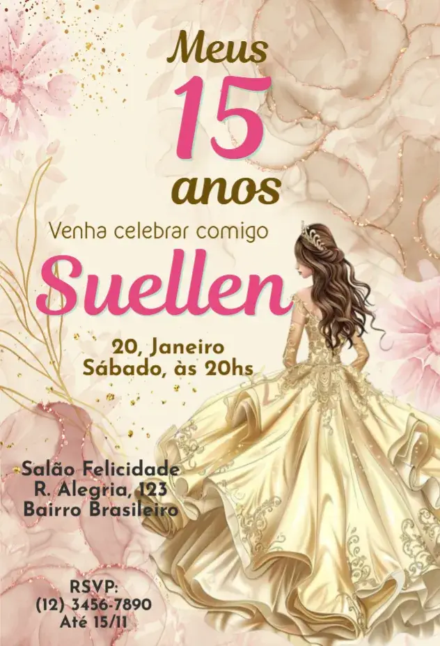 Convite Meus 15 anos Gold Rose