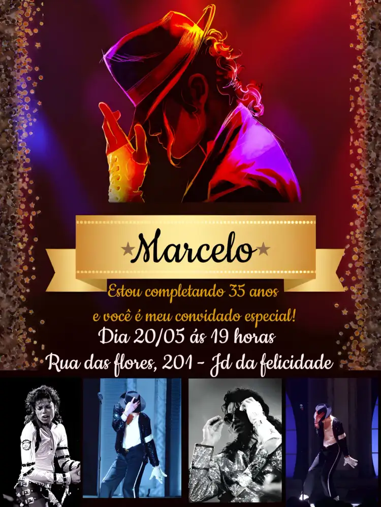 Convite Michel Jackson Preto – tema Aniversário preto, vibrante, musical, moderno, elegante