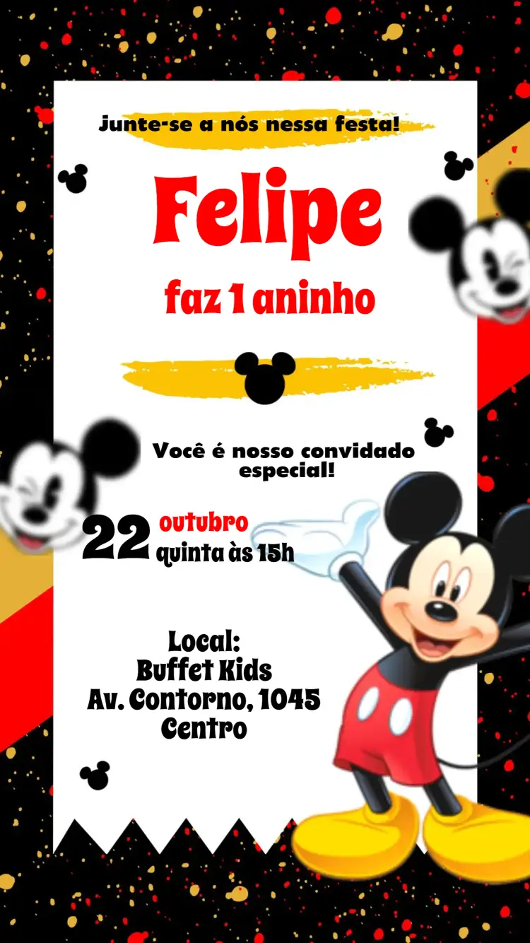 Convite Mickey – tema Aniversário Infantil colorido, divertido, infantil, temático, animado