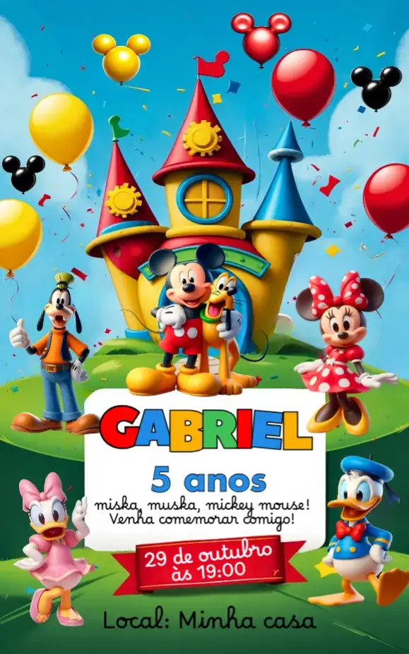 Invitación Mickey – tema Cumpleaños Infantil colores vibrantes, estilo divertido, elementos gráficos de Mickey, temática de dibujos animados, diseño lúdico, colores primarios