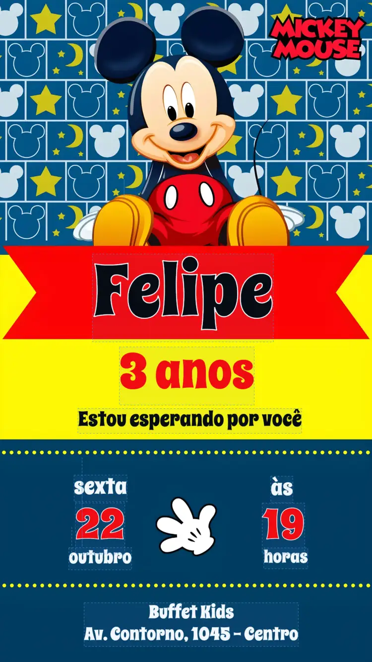 Convite Mickey – tema Aniversário Infantil colorido, divertido, temático, infantil, Disney, brincalhão
