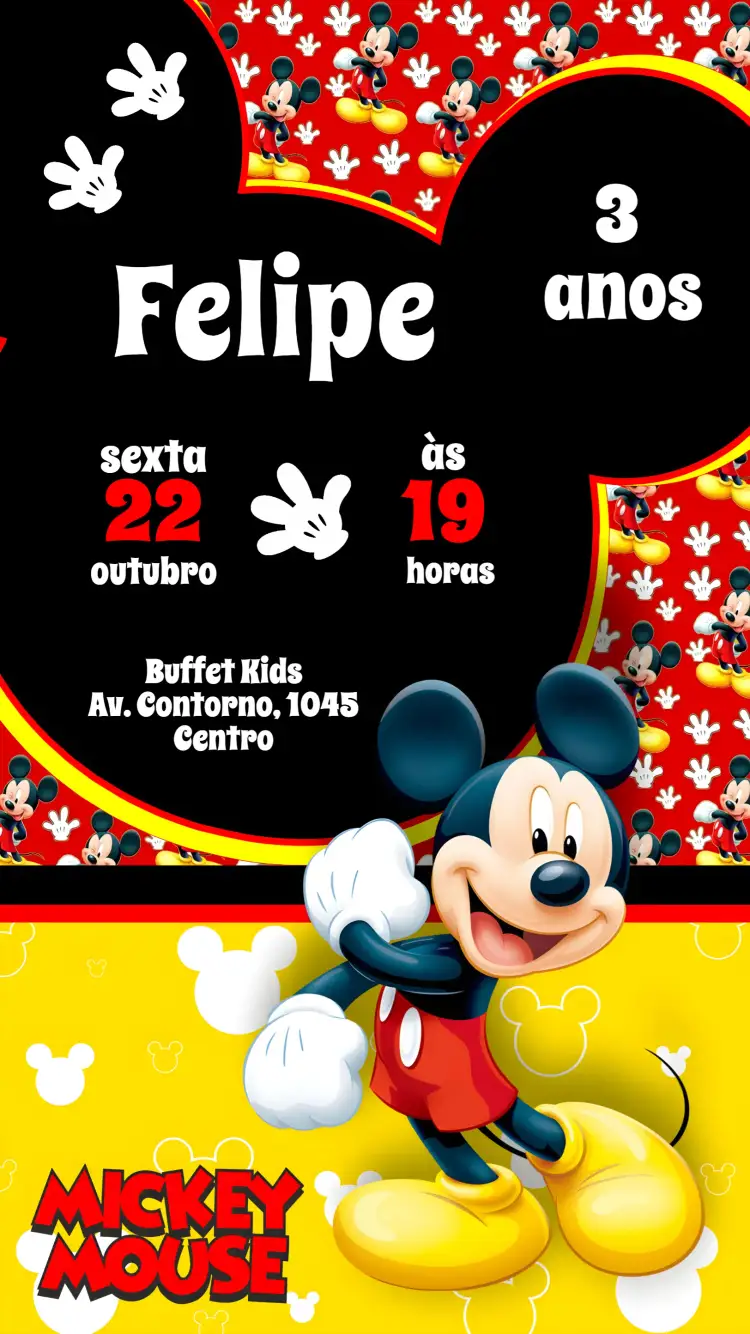 Convite Mickey – tema Aniversário Infantil colorido, divertido, infantil, temático, animado, lúdico