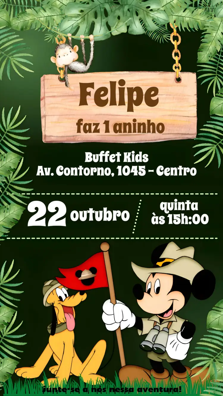 Convite Mickey – tema Aniversário Infantil safari, colorido, divertido, infantil, Disney