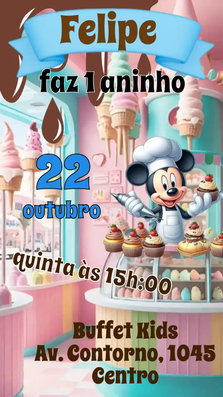 Invitation Mickey Baker – Kids' Birthday Party theme colorful, fun, childish, pastry shop, Mickey-themed, playful