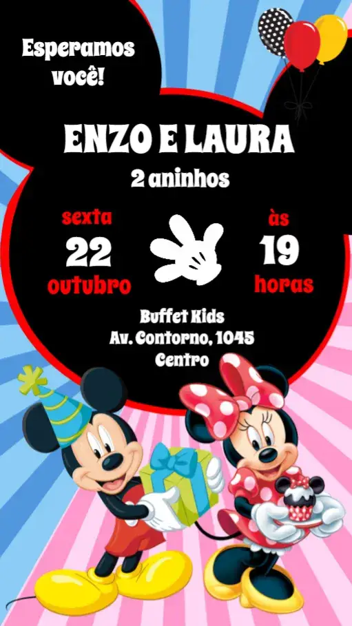 Convite Mickey e Minnie – tema Aniversário Infantil colorido, divertido, infantil, temático, Disney, lúdico