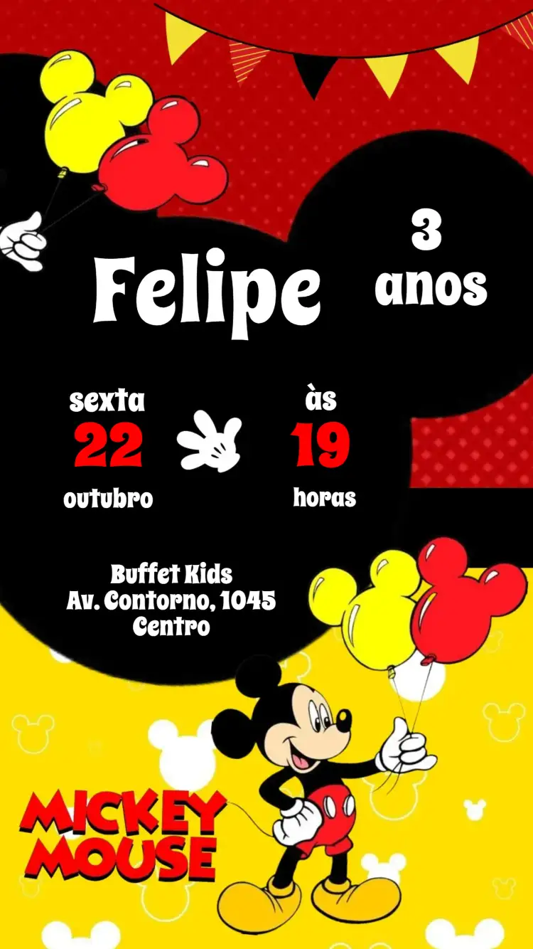 Convite Mickey – tema Aniversário Infantil colorido, divertido, infantil, temático, vibrante, Disney