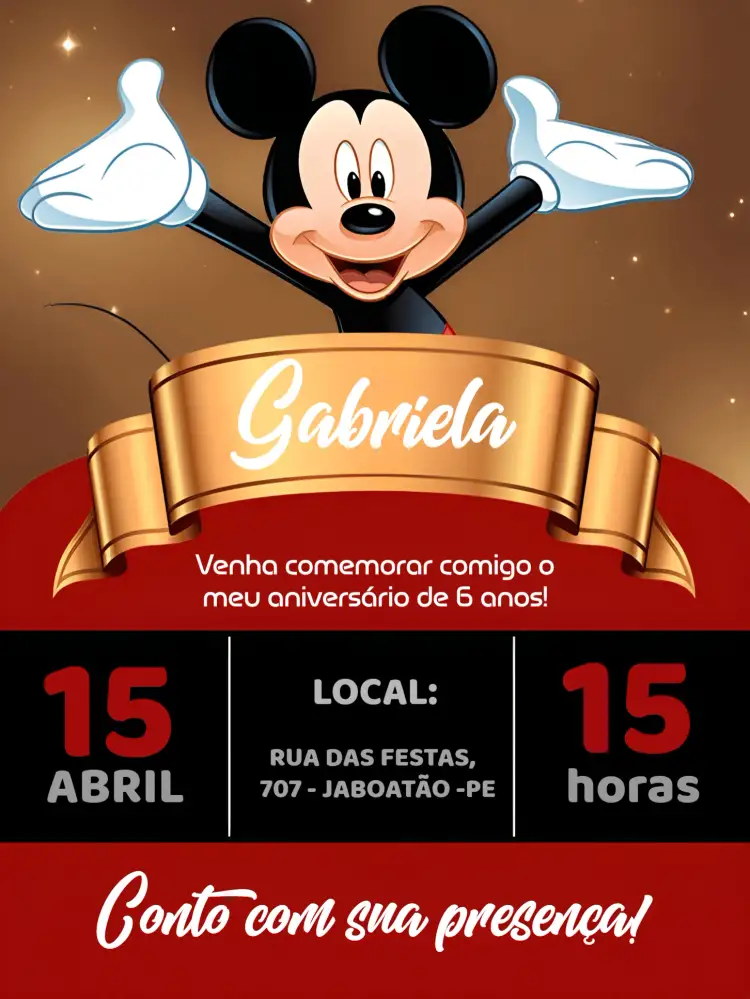Convite Mickey Mouse – tema Mais pesquisados colorido, divertido, infantil, temática Disney, ilustrações animadas, vibrante