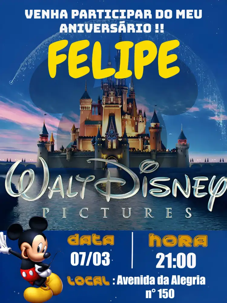 Convite Mickey Mouse – tema Aniversário Infantil colorido, divertido, temático, infantil, Disney