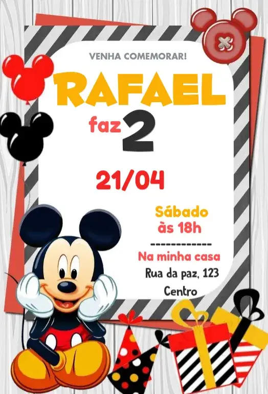 Convite Mickey Mouse – tema Aniversário Infantil Disney, colorido, divertido, infantil, animado, temático