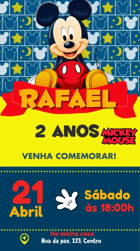 Convite Mickey Mouse – tema Cartão colorido, temático, divertido, infantil, Disney, animado