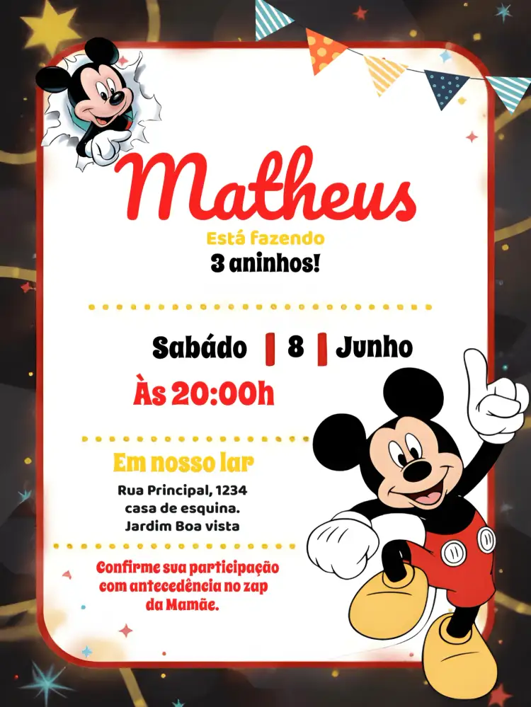 Convite Mickey Mouse – tema Mais pesquisados colorido, divertido, infantil, Disney, temático, celebração