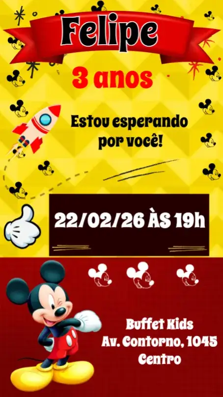 Convite Mickey Mouse – tema Aniversário Infantil colorido, divertido, infantil, temático, animado, Disney