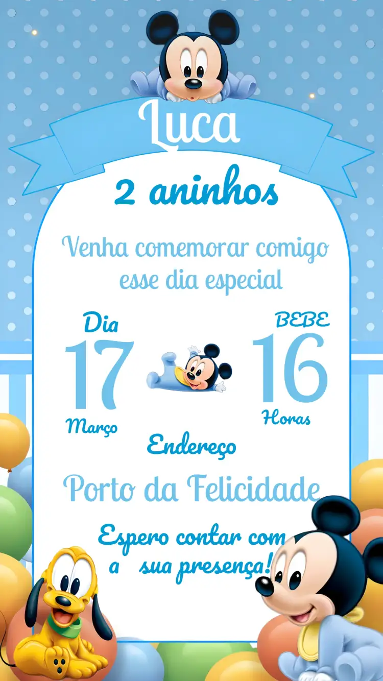 Convite Mickey Mouse Baby Tunes – tema Mais pesquisados temática Disney, infantil, azul, divertido, colorido, brincalhão