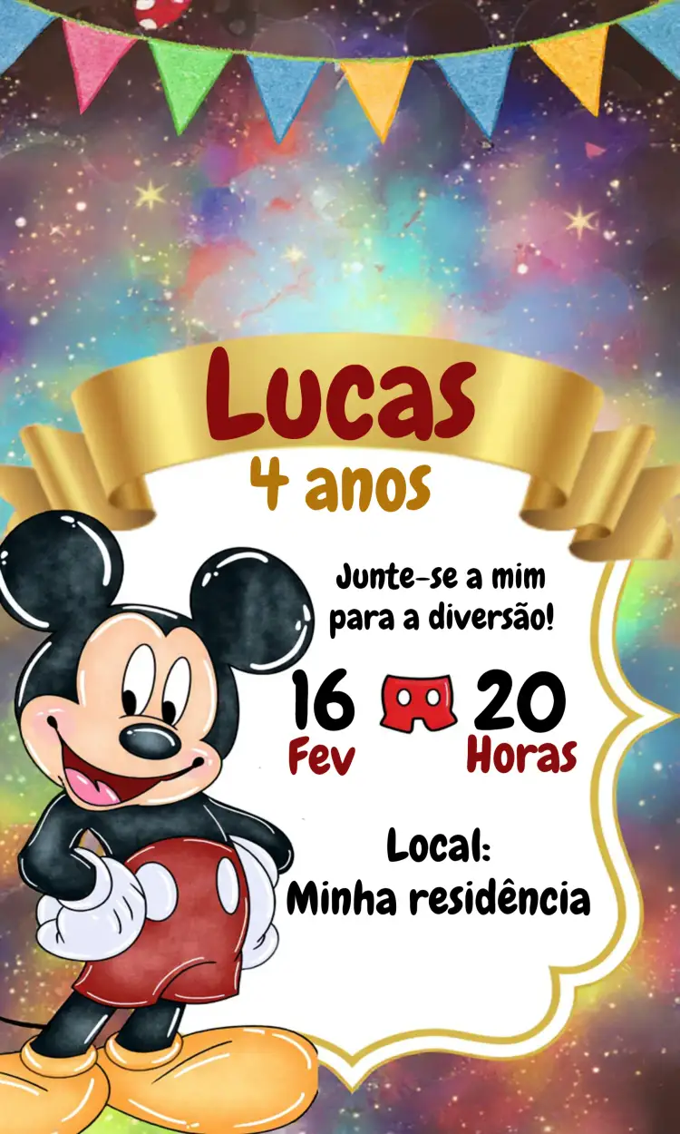Convite Mickey Mouse Colorido – tema Mais pesquisados colorido, divertido, infantil, temático, mágico