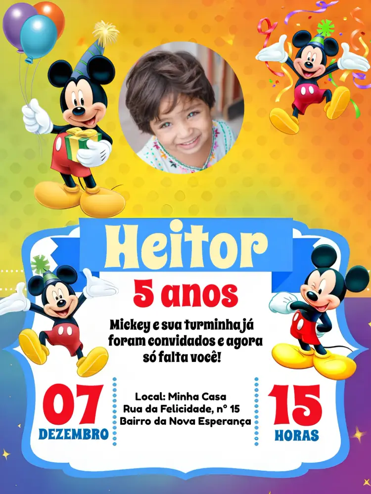 Convite Mickey Mouse Com Foto Rato