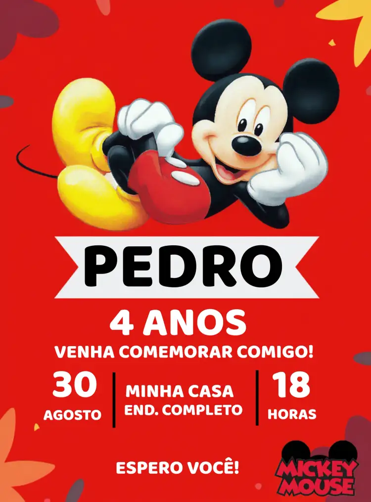 Convite Mickey Mouse Disney – tema Mais pesquisados vermelho, preto, infantil, temática Disney, divertido, colorido