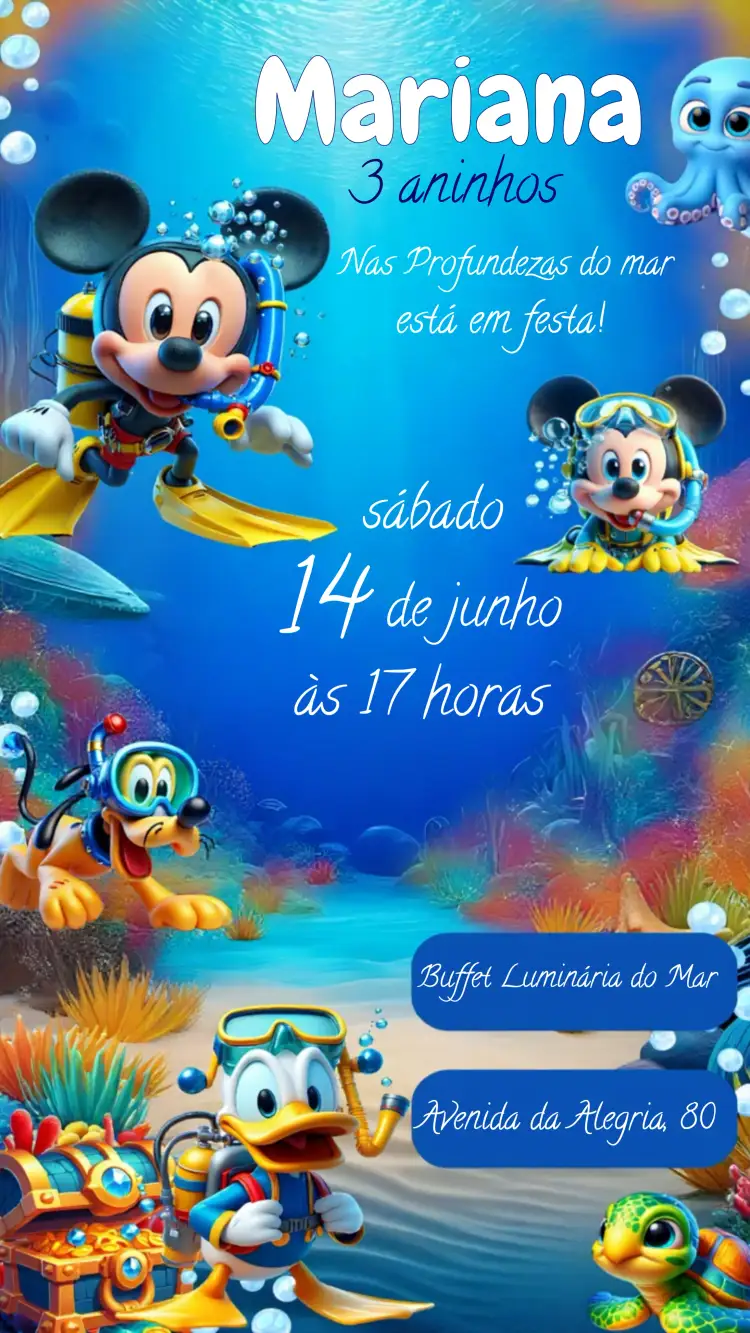 Convite Mickey Mouse Fundo Do Mar Minnie – tema Aniversário Infantil fundo do mar, colorido, Disney, infantil, temático
