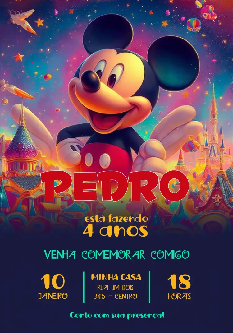 Convite Mickey Mouse Infantil – tema Mais pesquisados colorido, divertido, temático, vibrante, infantil, Disney