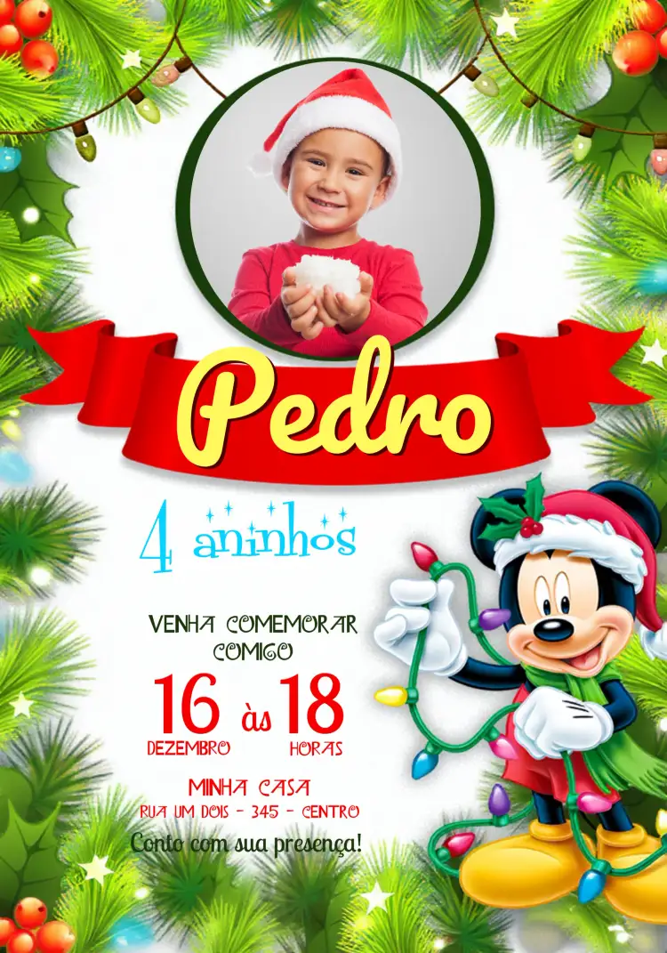 Convite Mickey Mouse Natal Com Foto Garota – tema Datas Comemorativas colorido, infantil, divertido, festivo, temático
