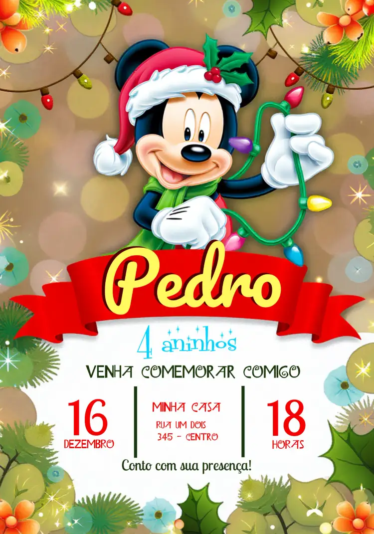 Convite Mickey Mouse Natal Menino – tema Datas Comemorativas colorido, festivo, infantil, Disney, natalino