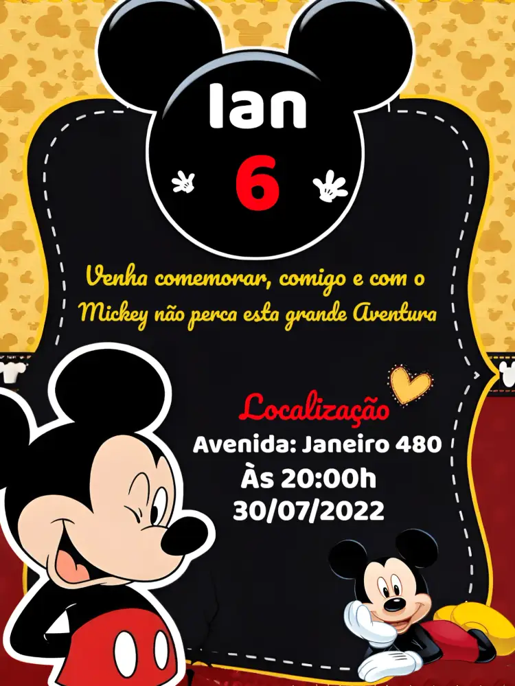 Convite Mickey Mouse Preto – tema Mais pesquisados moderno, divertido, temático, colorido, infantil, Disney