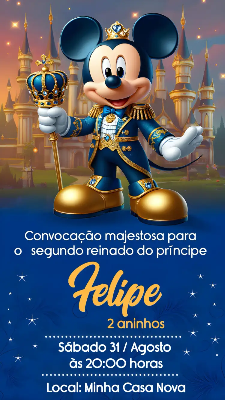 Convite Mickey Mouse Realeza Azul – tema Mais pesquisados azul, temático, Disney, infantil, encantado, divertido